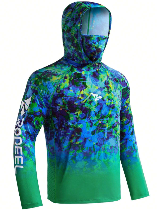 RODEEL Men's Hoodie Sun Protection Shirt Gradient Print Sweatshirt Hooded Sports T-Shirt With Face Mask Gym Clothes Men