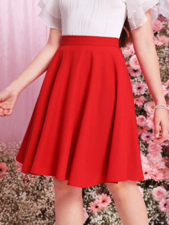 Teenage Girl's Solid Woven Elegant High Waisted A-Line Skirt