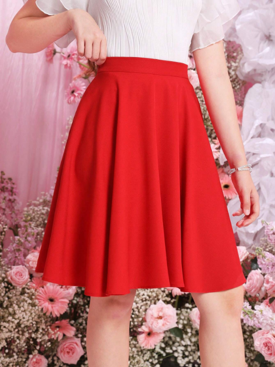 Teenage Girl's Solid Woven Elegant High Waisted A-Line Skirt