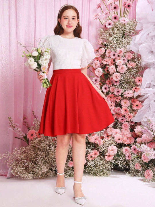 Teenage Girl's Solid Woven Elegant High Waisted A-Line Skirt