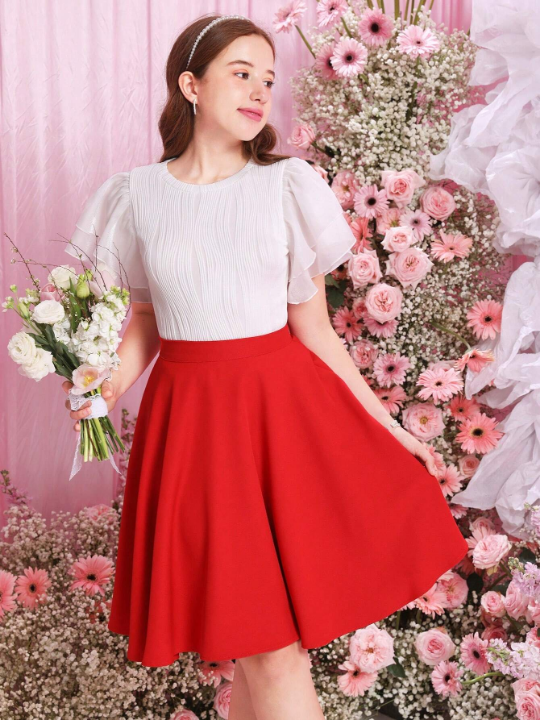 Teenage Girl's Solid Woven Elegant High Waisted A-Line Skirt