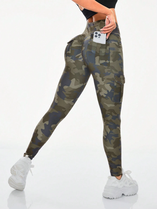 Yoga Basic High Stretch Camouflage Print Sport Leggings With Pockets