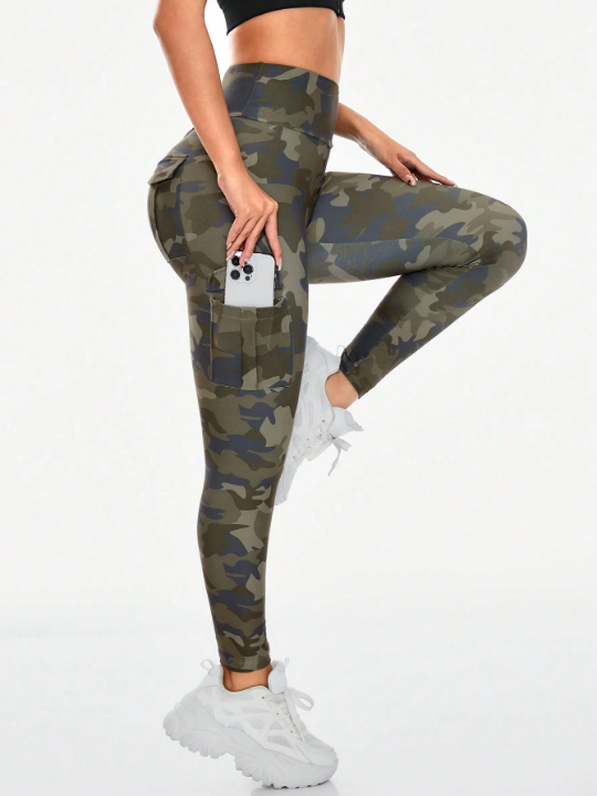 Yoga Basic High Stretch Camouflage Print Sport Leggings With Pockets