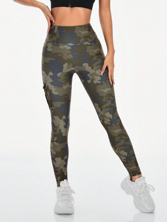 Yoga Basic High Stretch Camouflage Print Sport Leggings With Pockets