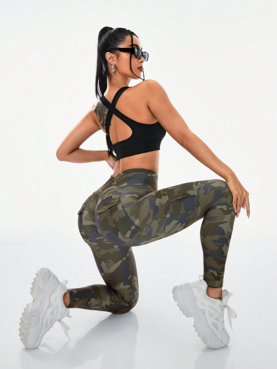 Yoga Basic High Stretch Camouflage Print Sport Leggings With Pockets