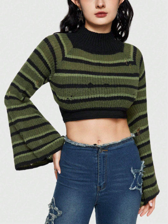 ROMWE Fairycore Striped Pattern Turtleneck Bell Sleeve Sweater