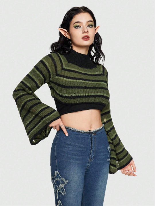 ROMWE Fairycore Striped Pattern Turtleneck Bell Sleeve Sweater