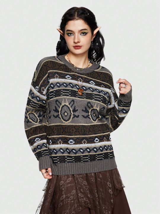 ROMWE Fairycore Geometric Pattern Oversized Sweater