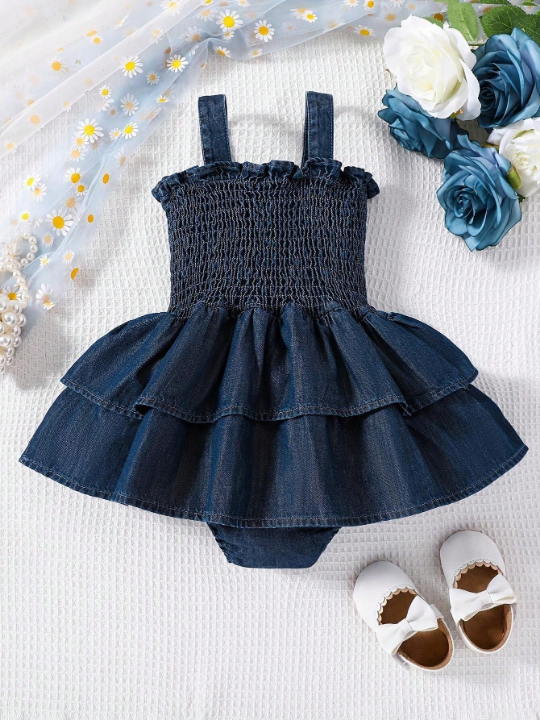 New Arrival Spring/Summer Cute Baby Girl's Denim Romper With Elastic Straps, Two Layered Skirt Hem And Triangle Tops