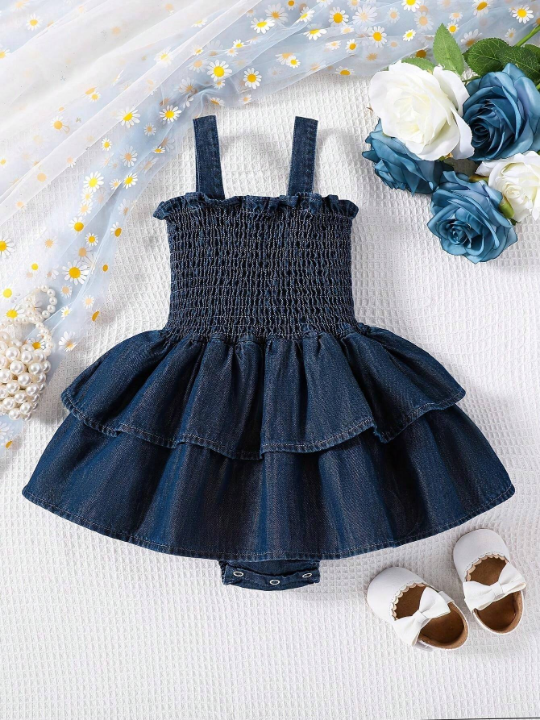 New Arrival Spring/Summer Cute Baby Girl's Denim Romper With Elastic Straps, Two Layered Skirt Hem And Triangle Tops