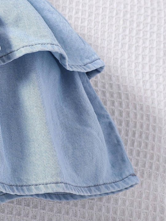 New Spring/Summer Toddler Girls' Cute Denim Jumpsuit With Elastic Waistband, Ruffled Hem And Sleeveless Design