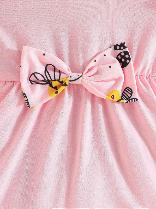 Baby Girl's Summer Short Sleeve Top With Ruffled Shoulders, Bow-Knot Details & Bee Printed Pants Set