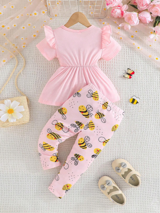 Baby Girl's Summer Short Sleeve Top With Ruffled Shoulders, Bow-Knot Details & Bee Printed Pants Set