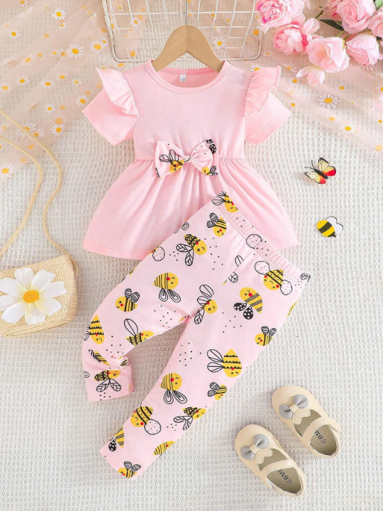 Baby Girl's Summer Short Sleeve Top With Ruffled Shoulders, Bow-Knot Details & Bee Printed Pants Set