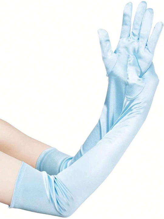 1 Pair Light Blue Ladies' Satin Elbow Length Gloves For Formal Occasions, Evening Party, Sexy Gloves