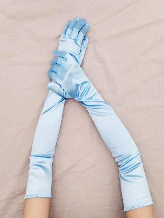 1 Pair Light Blue Ladies' Satin Elbow Length Gloves For Formal Occasions, Evening Party, Sexy Gloves
