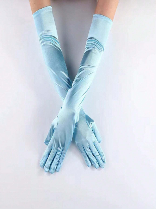1 Pair Light Blue Ladies' Satin Elbow Length Gloves For Formal Occasions, Evening Party, Sexy Gloves
