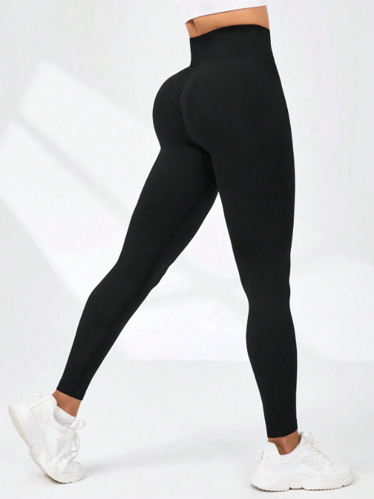 Yoga Basic Seamless Vertical Stripe Textured V-Shaped Waistband Abdomen Control & Hip Lift Daily Sport Leggings