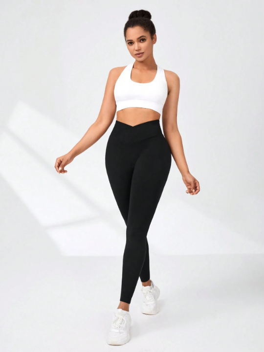 Yoga Basic Seamless Vertical Stripe Textured V-Shaped Waistband Abdomen Control & Hip Lift Daily Sport Leggings