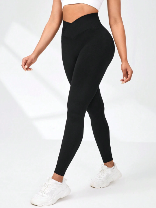 Yoga Basic Seamless Vertical Stripe Textured V-Shaped Waistband Abdomen Control & Hip Lift Daily Sport Leggings