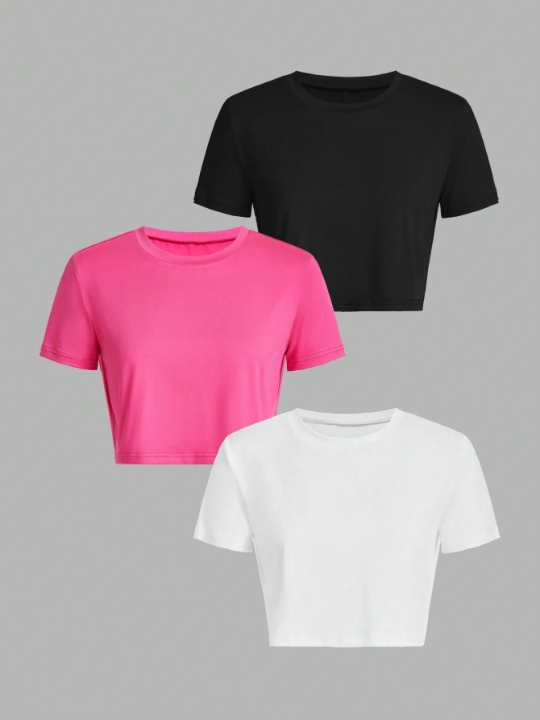 3pcs/Set Women's Solid Color Round Neck Short Sleeve Sports T-Shirt