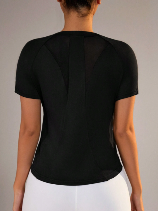 Yoga Basic Mesh Back Insert Drop Shoulder Sleeve Sport T-Shirt