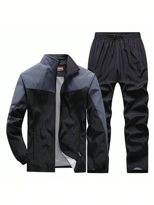 Men's Running Fitness Jacket And Pants Suit, Zipper Stand Collar Coat For Cycling Training, Athletic Suit, Tracksuit