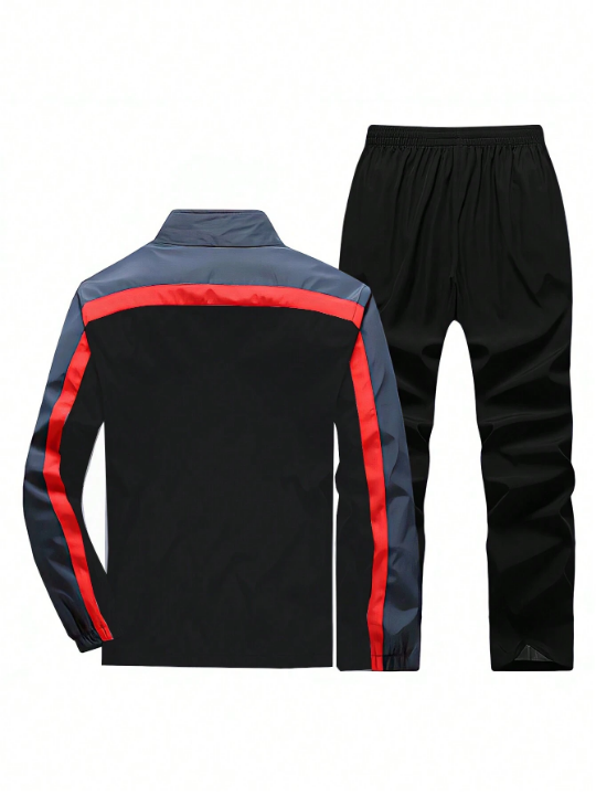 Men's Running Fitness Jacket And Pants Suit, Zipper Stand Collar Coat For Cycling Training, Athletic Suit, Tracksuit