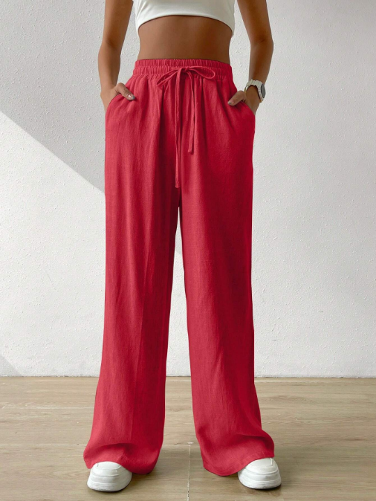 EZwear Women's Summer Solid Color Beige High Waist Drawstring Waist Linen Wide Leg Pants