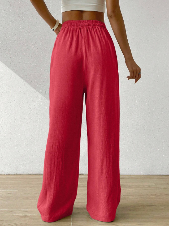 EZwear Women's Summer Solid Color Beige High Waist Drawstring Waist Linen Wide Leg Pants