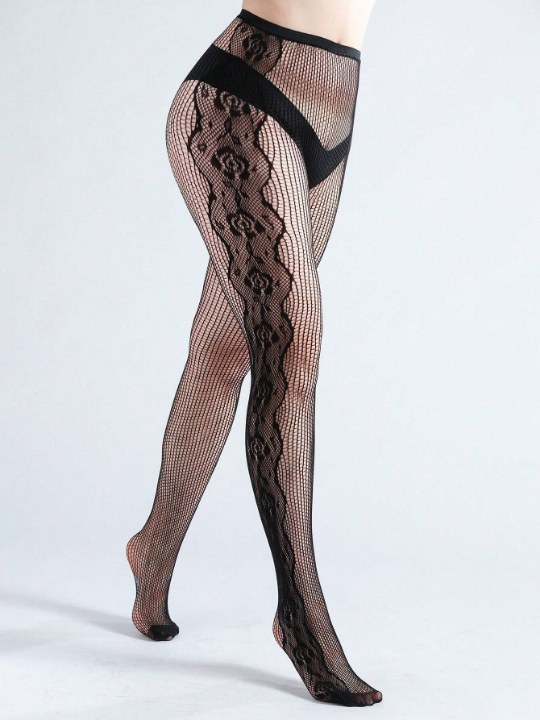 1pair Plus Size Women's Fishnet Stockings Embellished With Rose Design Side Seam Tights Basic Summer Accessory