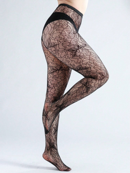 1pair Plus Size Women's Butterfly Jacquard Fishnet Tights, Basic And Versatile For Spring/Summer