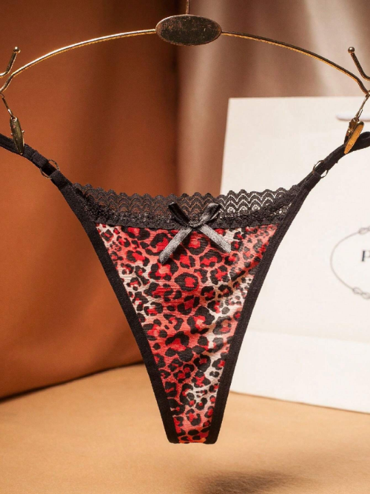 1pc Women's Leopard Print Seamless Lace Soft Brushed Thong Underwear, Low Rise, Trendy Style