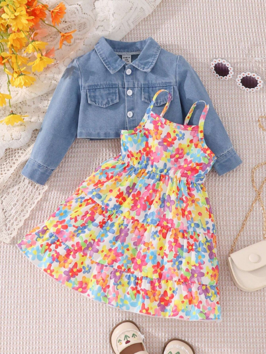 Baby Girl Floral Printed Sleeveless Dress With Button-Front Jacket