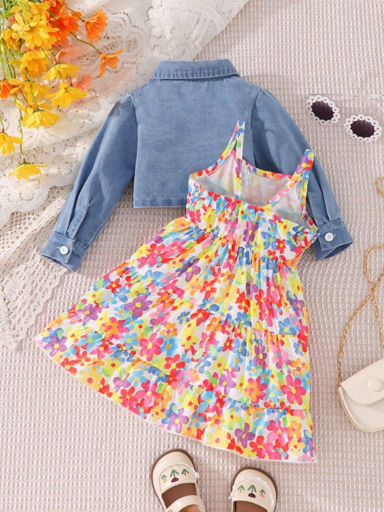 Baby Girl Floral Printed Sleeveless Dress With Button-Front Jacket