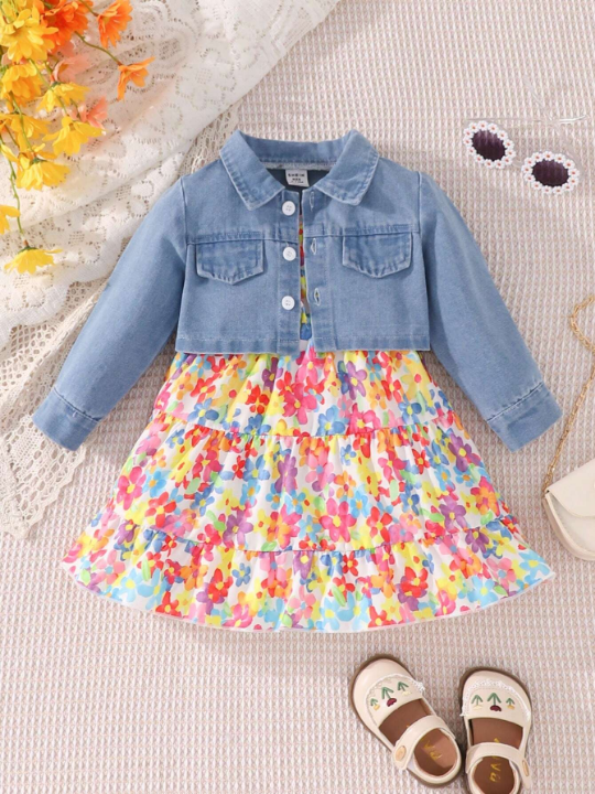 Baby Girl Floral Printed Sleeveless Dress With Button-Front Jacket