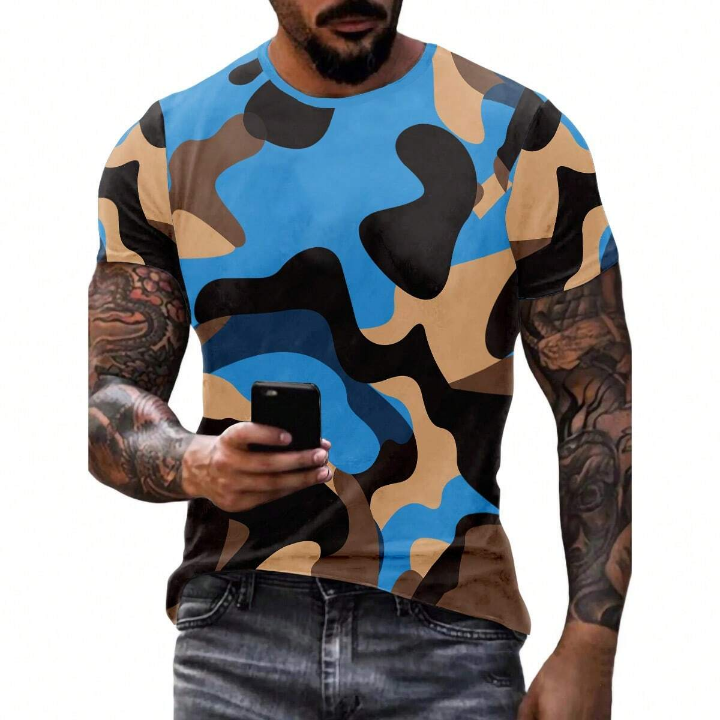 Men's 3D-Printed Navy Blue Camouflage Graphic T-Shirt Casual Slightly Stretch Breathable Tee Men's Clothing For Outdoor Spring Summer