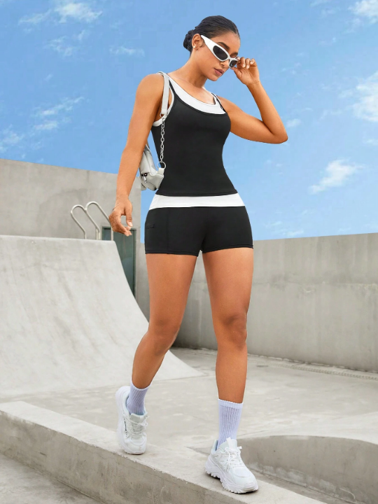 Women's Color Block Faux Two-Piece Athletic Tank Top