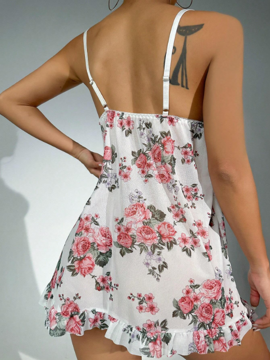 Floral Print Contrast Lace Bow Front Cami Night Dress