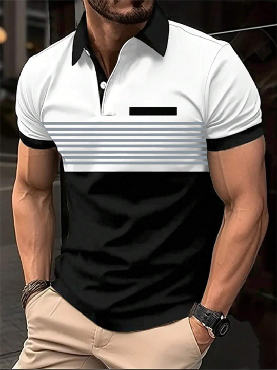 Manfinity Homme Men's Color-Block Button Half-Placket Short Sleeve Polo Shirt