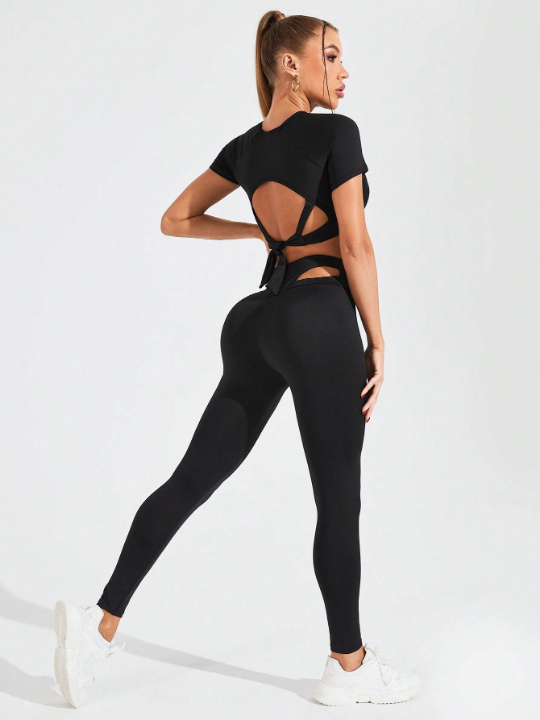 Daily&Casual Solid Color Casual Backless Crop Top & High Waist Slim Leggings With Drawstring