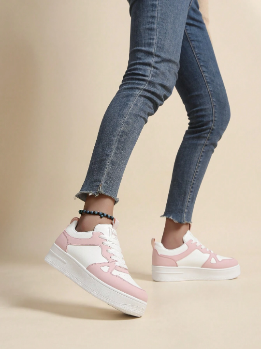 Spring/Summer Thick Sole Lace-Up Women's Platform Sneakers, White Color With Color Block Detail