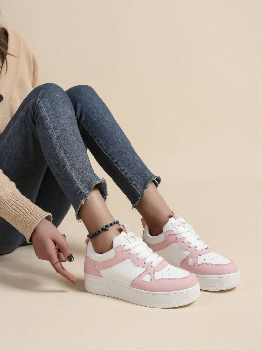 Spring/Summer Thick Sole Lace-Up Women's Platform Sneakers, White Color With Color Block Detail