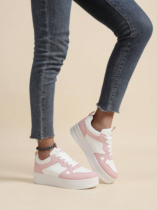 Spring/Summer Thick Sole Lace-Up Women's Platform Sneakers, White Color With Color Block Detail