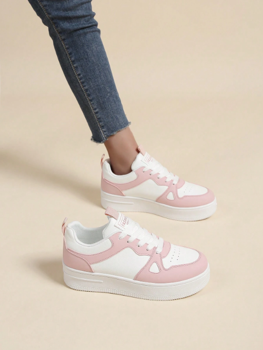 Spring/Summer Thick Sole Lace-Up Women's Platform Sneakers, White Color With Color Block Detail