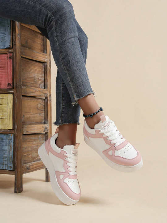 Spring/Summer Thick Sole Lace-Up Women's Platform Sneakers, White Color With Color Block Detail