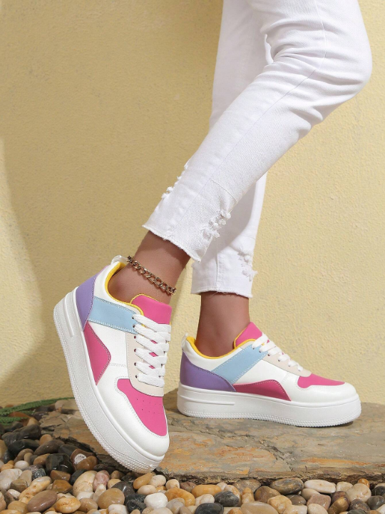 Spring/Summer Women's White Sports Shoes With Increased Sole, Front Tie, Colorblock Casual Shoes