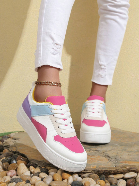 Spring/Summer Women's White Sports Shoes With Increased Sole, Front Tie, Colorblock Casual Shoes