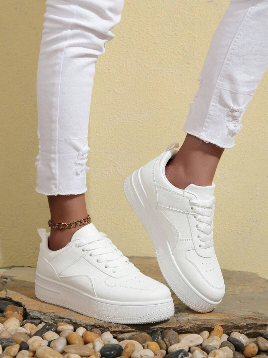 Women's White Sports Shoes With Thick Sole, Height Increasing & Front Tie, Suitable For Spring And Summer, Color Blocking Design