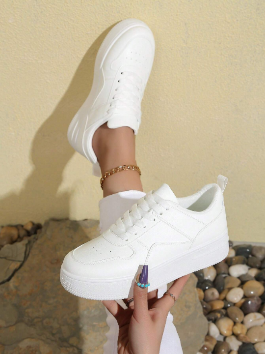 Women's White Sports Shoes With Thick Sole, Height Increasing & Front Tie, Suitable For Spring And Summer, Color Blocking Design